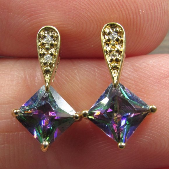 Jewelry - Sterling Gold Plated Rainbow CZ Gem Earrings